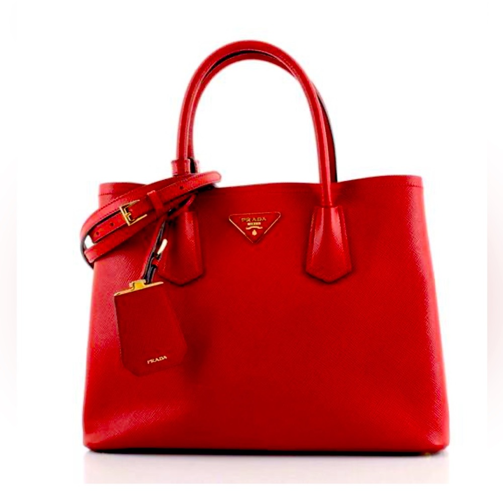 Prada Double Cuir Saffiano Leather Medium Tote - Fuoco (Red) Exterior